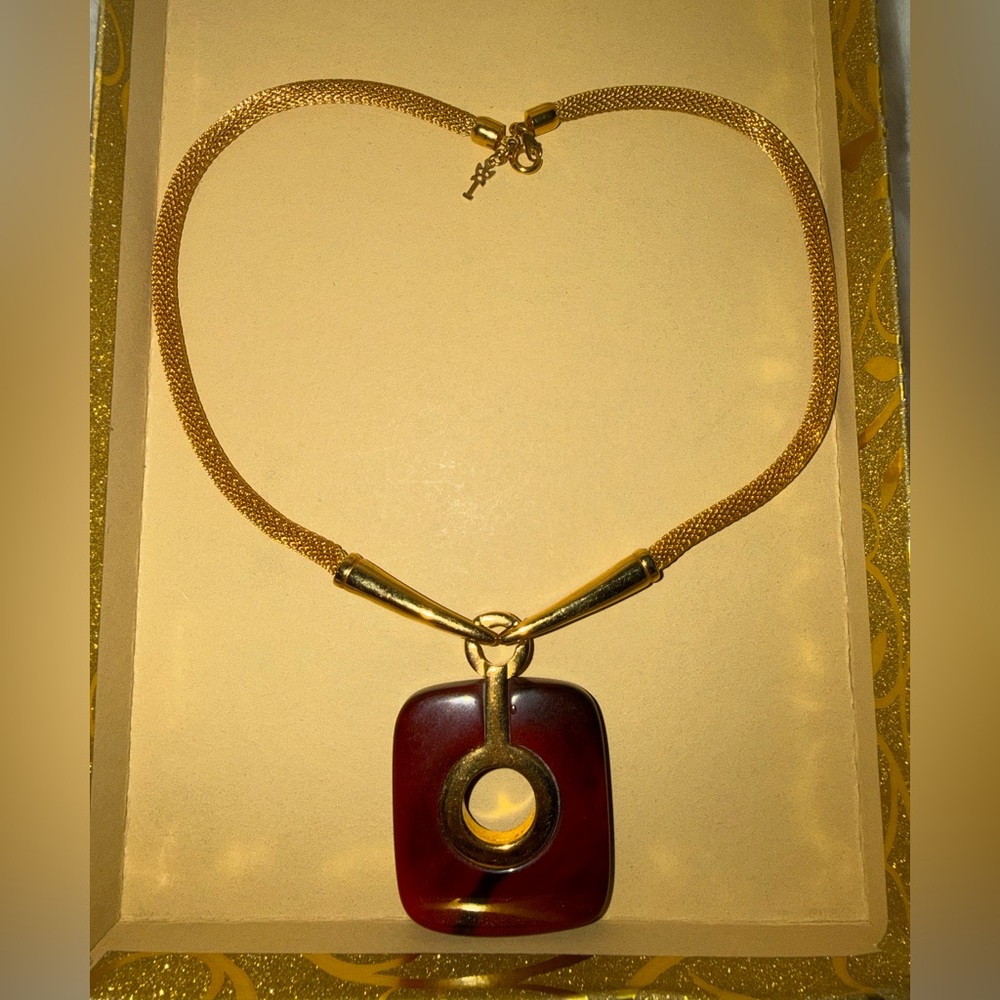 Trifari Gold Necklace with Red Pendant